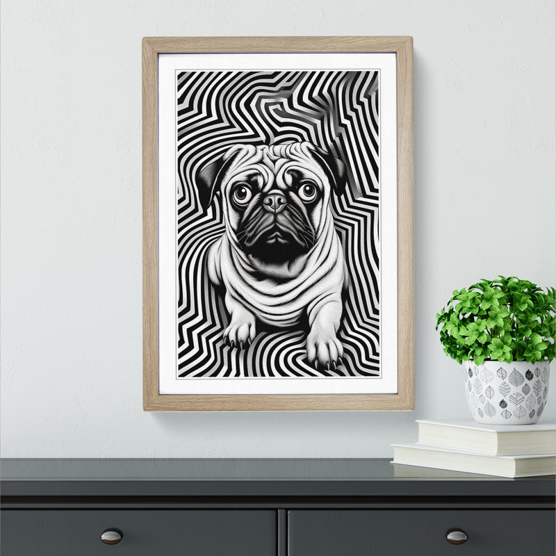 XYZ-FRM-V1223-5320 Pug Op - Single Picture Frame Print on Wood, 46cm H x 34cm W x 2cm D, Oak