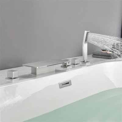 5 Hole Deck Mount Tub Faucet With Handheld Shower Waterfall Bathtub Faucets Modern Brass 3 Handle Tub Fillers With Valve