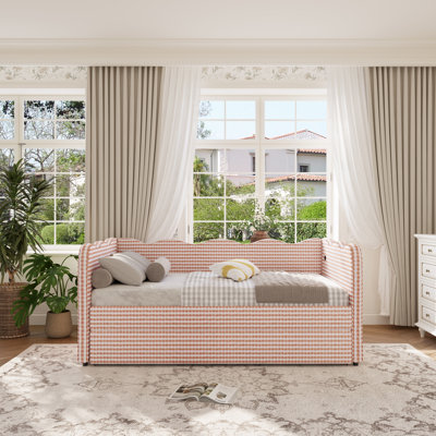 Linen Upholstered Gingham Daybed With Trundle, Usb Charging Port & Wave-shaped Design, No Box Spring Needed