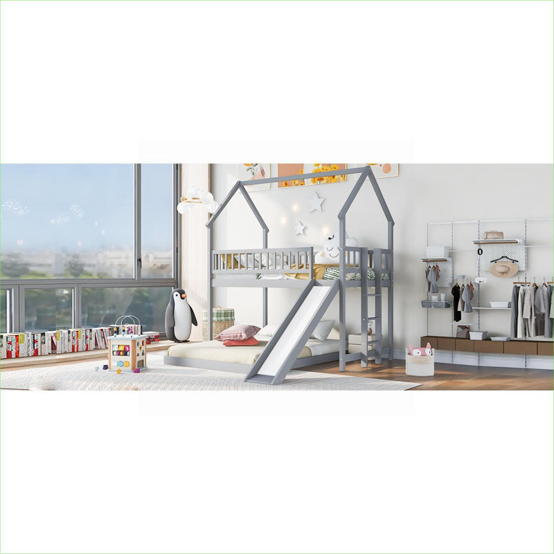 Lit superposé simple au-dessus d'un lit double avec glissière et échelle intégrée, fabrication en pin massif gris ardoise