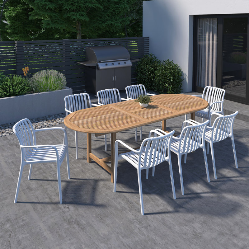 Ensemble de salle à manger d'extérieur extensible 9 pièces en teck et résine, Blanc