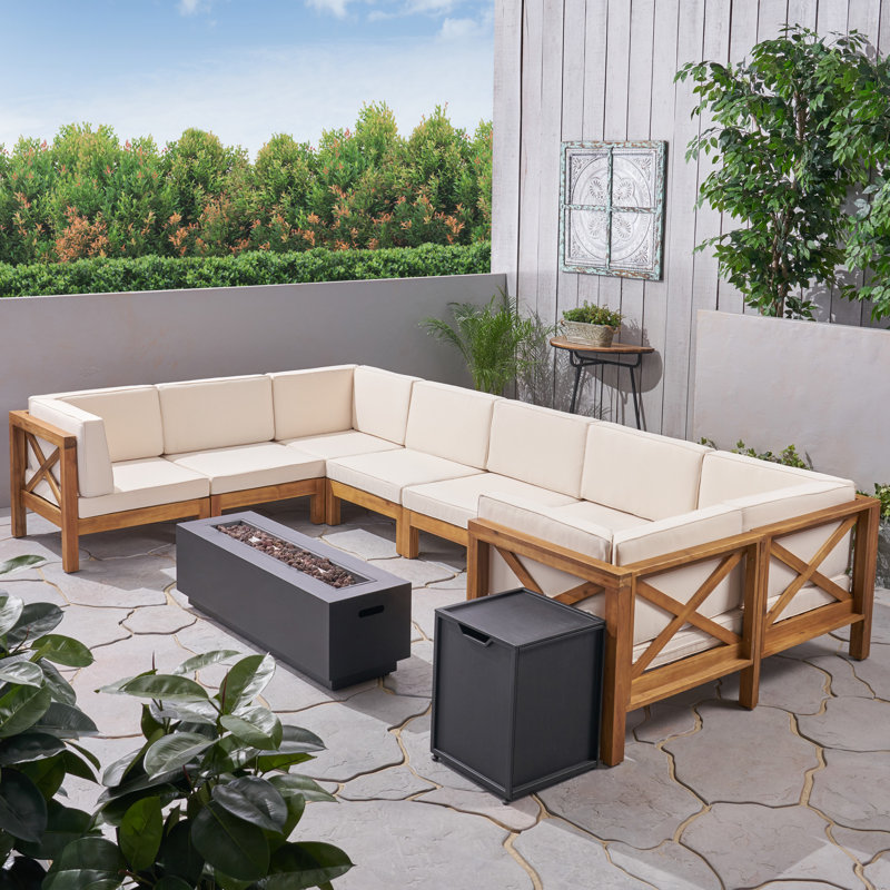 8 - Person Modular Patio Conversation Set with Cushions, Teak Frame / Beige Cushion