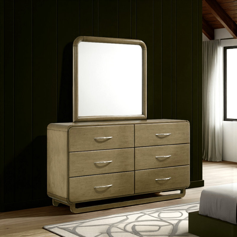 Commode large Deon, 6 tiroirs avec poignées en nickel, pieds de traîneau, brun muscade