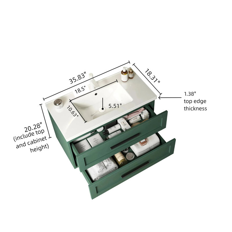 Meuble-lavabo 36 po avec lavabo, meuble-lavabo mural moderne flottant avec 2 tiroirs (sans armoire latérale), lavabo en céramique blanc sans robinet, vert