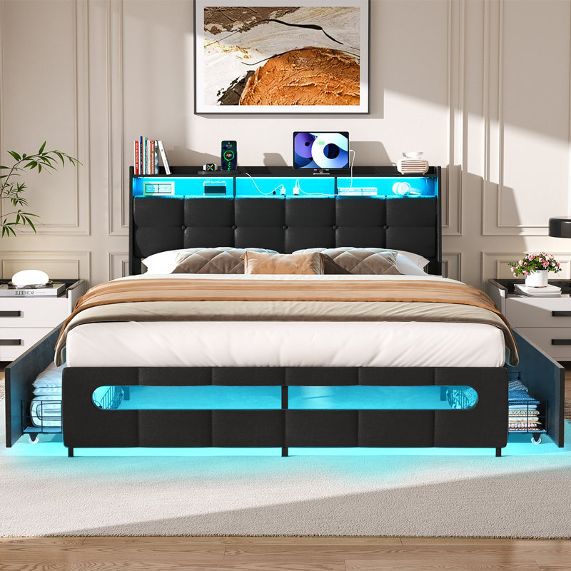 Black Queen Upholstered Bed Frame with LED Lighted Storage Headboard and Drawers