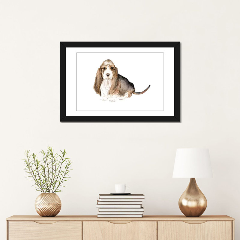 « basset hound », reproduction sur toile, H 16 po x l 24 po x P 1 po, Papier d'art encadré noir, Blanc