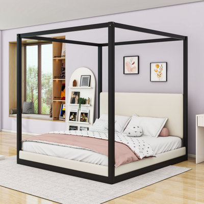 Queen Wood Canopy Bed with Upholstered Headboard