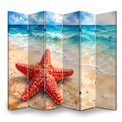 Cloison pliante 6 panneaux Royal Vibrant Red Starfish Sandy Beach Ocean Waves Blue Sky Toile Séparateur de pièce Cloison de protection autoportante
