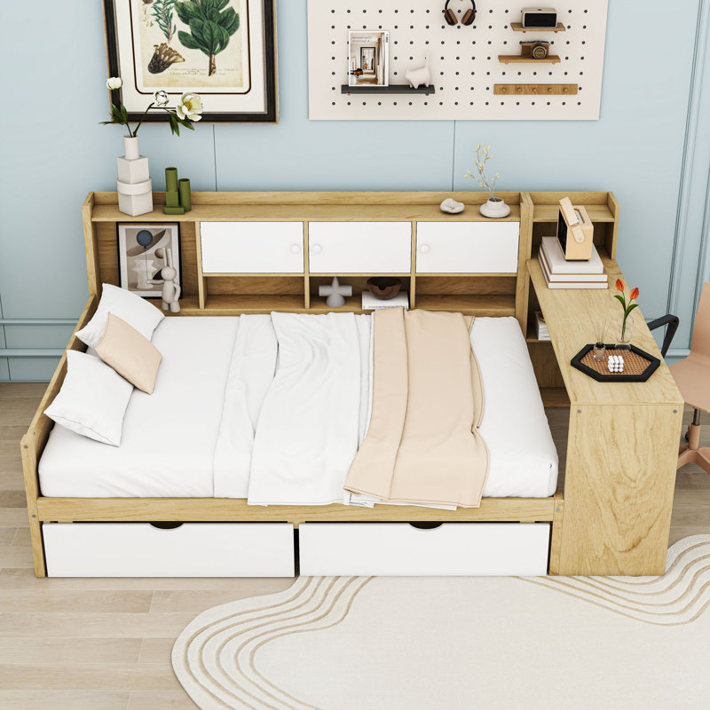2 Drawers Wood Daybed with Built-in-Desk and Bookcase, Natural White, Full