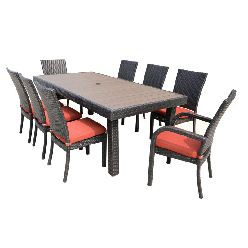 Ensemble de table de salle à manger d'extérieur 9 pièces Balcones avec 8 chaises, Rouge, Brun