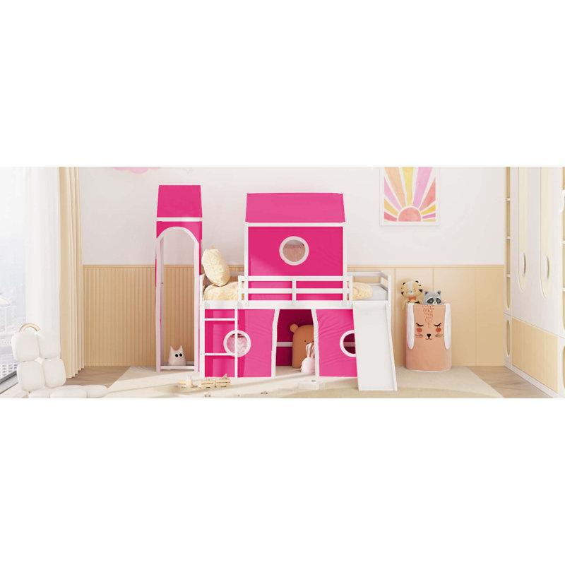 Lit mezzanine avec glissade et tour, Simple, Rose