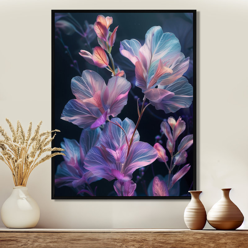 Rose rose, bleu, fleur de pomme II, Encadrement argenté, H 12 po x l 20 po
