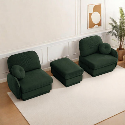 Chenille L-Shaped Loveseat Sofa with Movable Ottoman, Deep Seat Couch with Round Pillows and Quilted Back