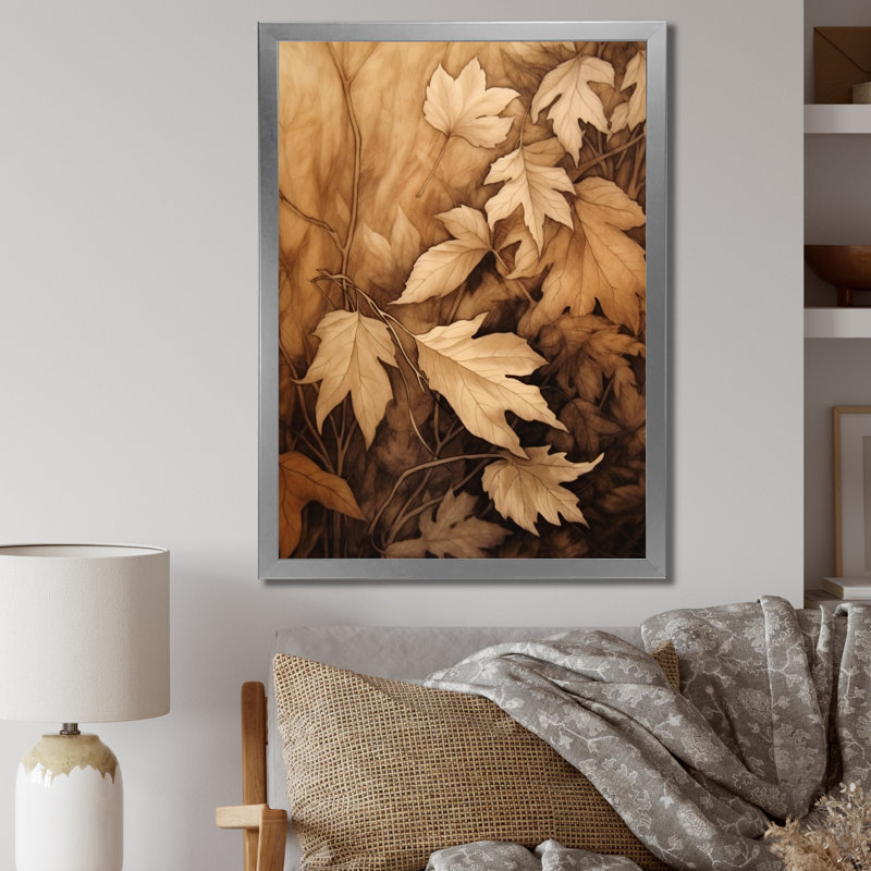 «Brown Beige Leafs Harmony III», reproduction sur toile, Cadre photo argenté, H 40 po x l 30 po x P 1,5 po