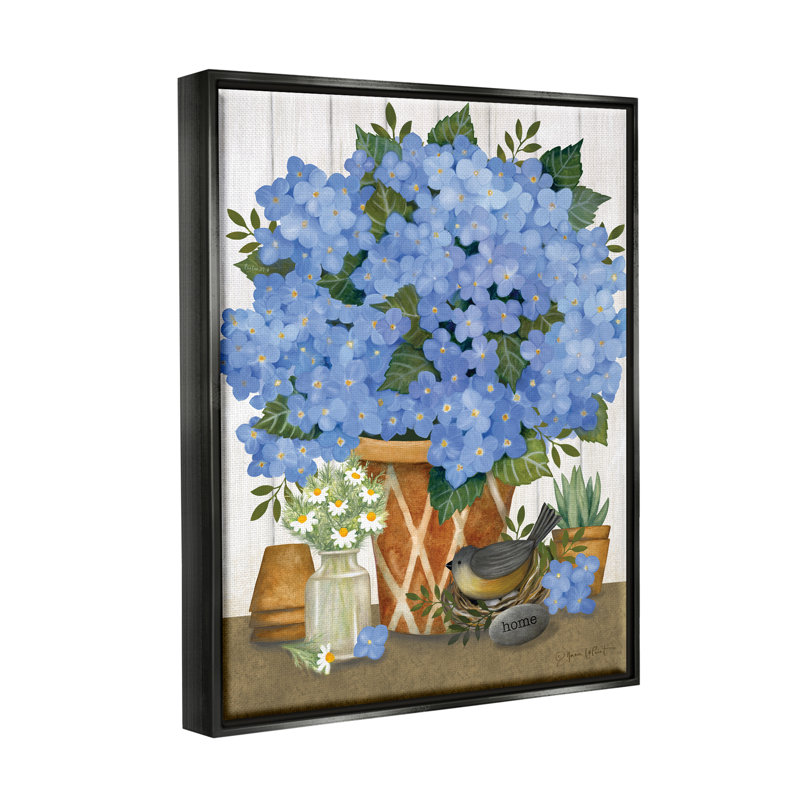 «Blue Hydrangeas Country Arrangement Floater», art mural par Annie Lapoint, Cadre flottant noir de jais