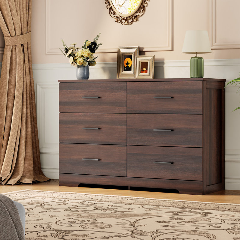 Commode moderne à 6 tiroirs pour chambre à coucher, commode en bois Mid-Century avec poignées en métal, rangement pour le salon et l'entrée, brun rouge