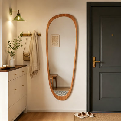 Irregular Bathroom Mirrors, 60" x 22" Solid Wood Oval Wall-Mounted Mirror, Boho Accent Decorative Full Length Asymmetrical Wall Mirror for Living Room, Bedroom, Entryway or Vanity