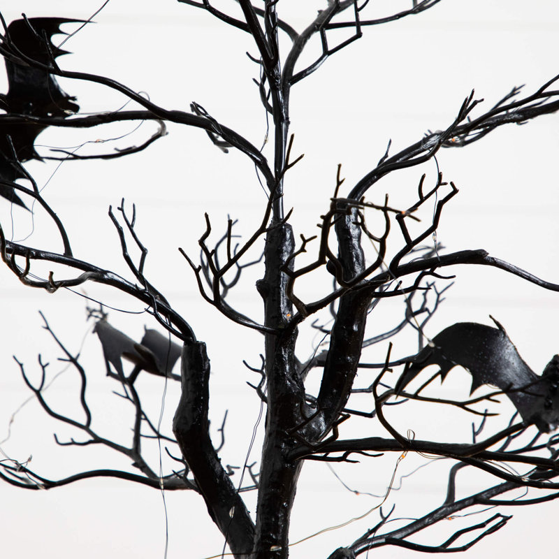 Arbre d'Halloween artificiel pré-éclairé noir avec des chauves-souris et 40 lumières DEL orange et mauves