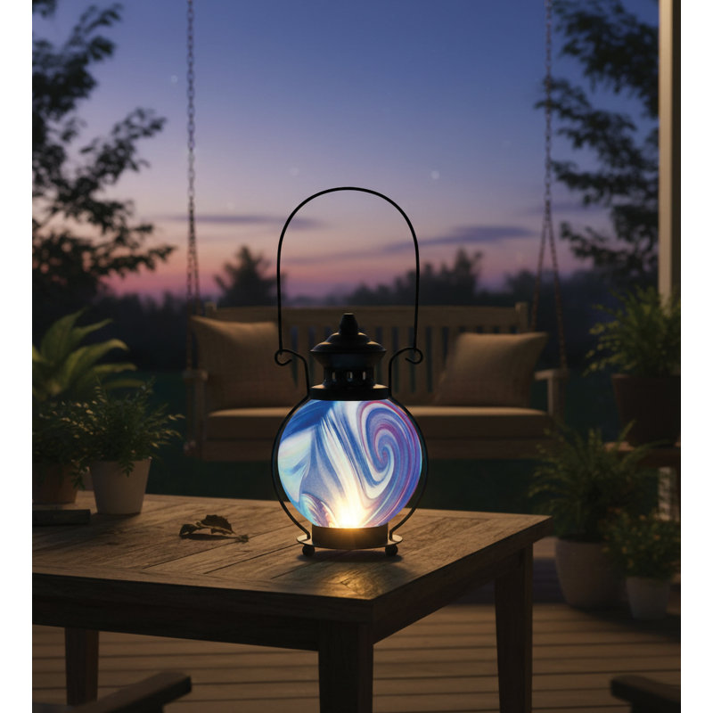 Lanterne d'extérieur 14,5 pouces à DEL en verre et métal avec crochet décoratif et pile rechargeable - mauve, Mauve