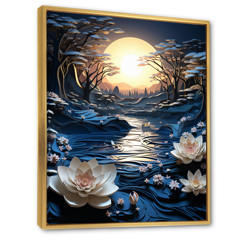 " Winters Reflection Papercut III ", 44" H x 34" W x 1.5" D, Gold Floater Framed