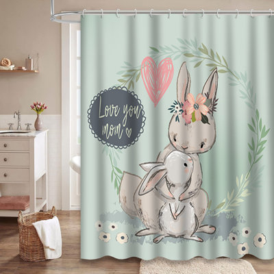 Cute Baby Animal Bunny Bird Cartoon Shower Curtain with 12 Hooks