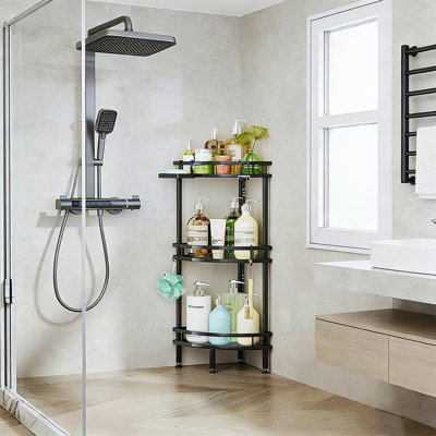 3-Tier L-Shaped Design Shower Caddy – Multi-Functional Organizer with Soap Holder and Loofah Hooks – Strong Adhesive No-Drill Corner Shelves