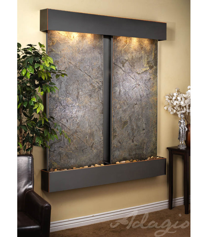 Cottonwood Falls Waterfall Fountain with Light, Blackened Copper, Square, Green Feather