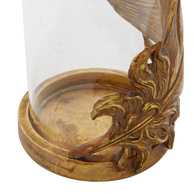 Glass Feather Pillar Bird Gold Hurricane Lamp, 10" H x 6" W x 6" D