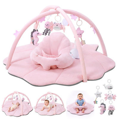 Baby Gym Playmat,Tummy Time Mat,Sit &Play Activity Mat with 6 Detachable Toys,Washable Baby Mat & Toys,Baby Gift for 0-18 Months,Pink