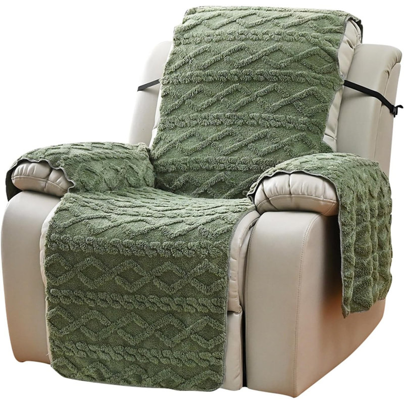 Geometric Jacquard Plush Recliner Chair Cover Soft Fuzzy Fluffy Reclining Chair/Furniture Protector with Elastic Straps for Kids, Pets(Green,21.7")