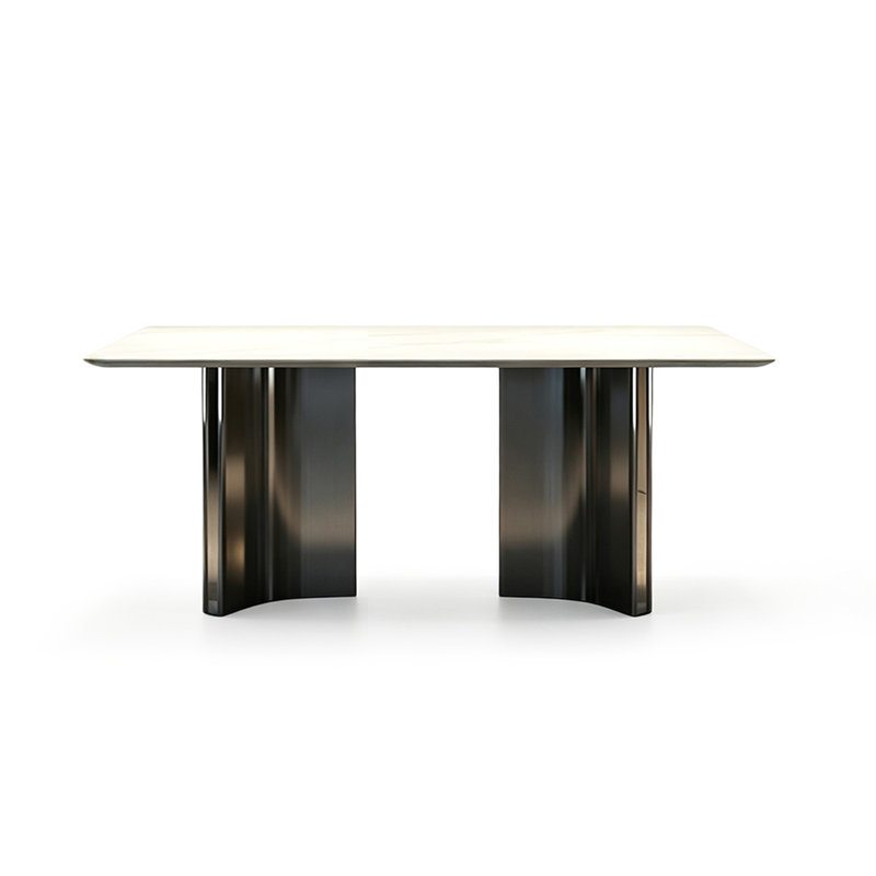 White Rectangular Stone with Metal Dining Table, 29.53"H x 62.99"L x 31.50"W