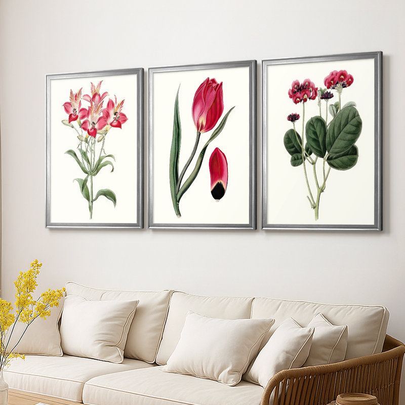 Rosé Blooms I - Toile tendue avec châssis sur mesure - 3 pièces, Argent argent, H 21 po x l 30 po