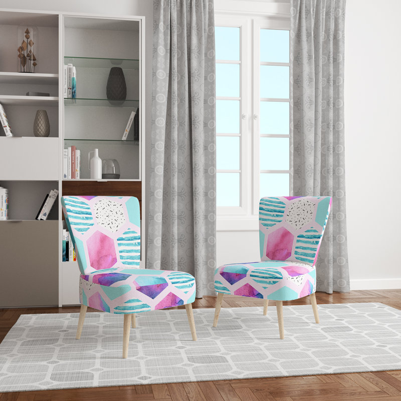 Chaise d'appoint rembourrée à motif géométrique rose et bleu