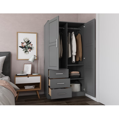 Metro 100% Solid Wood 2-Door Wardrobe Armoire Closet with Drawers, Shelves & Hanging Rod – Freestanding Bedroom Clothing Storage Cabinet