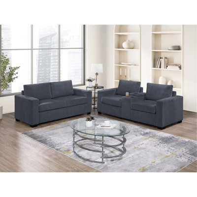 Velours côtelé contemporain gris foncé à large passepoil avec console, porte-gobelets, station de charge, accoudoirs carrés, station et supports décoratifs