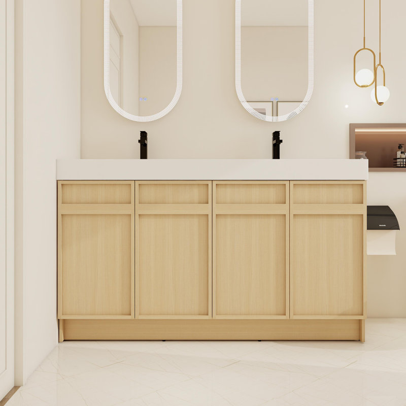 Ensemble de meuble-lavabo double autoportant 60 po avec 2 plateaux en résine et meuble-lavabo sur pied 60 po avec 2 tablettes