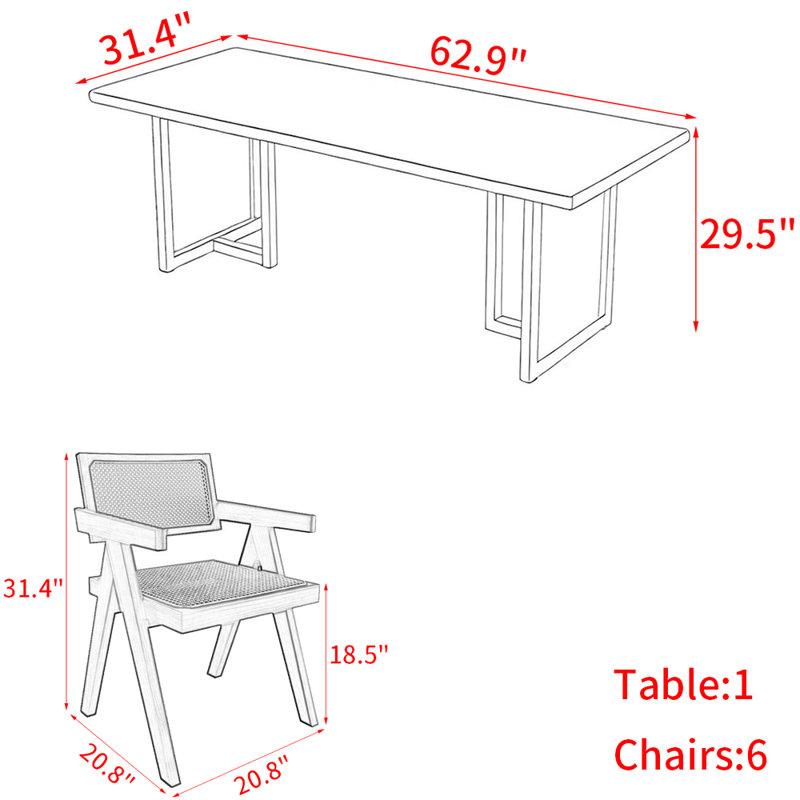 Ensemble de table en rotin de bois de style japonais, H 29,5 po x L 62,9 po x l 31,4 po