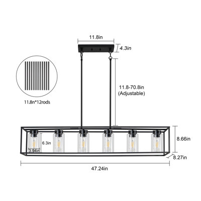 6-Light Rectangular Chandelier Black Chandelier Living Room Chandelier Dining Room Light Fixtures