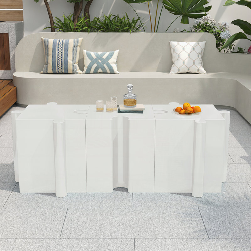 3-Piece Artistic Puzzle Table Set,Modular MGO Side Tables With Interlocking Design (2 Convex & 1 Concave), White