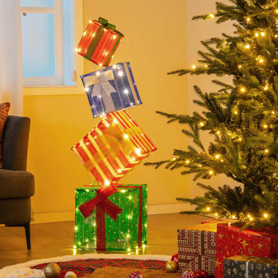 Lighted Gift Boxes Set Of 4 With Warm White Led Lights & Pre-assembled Ribbons