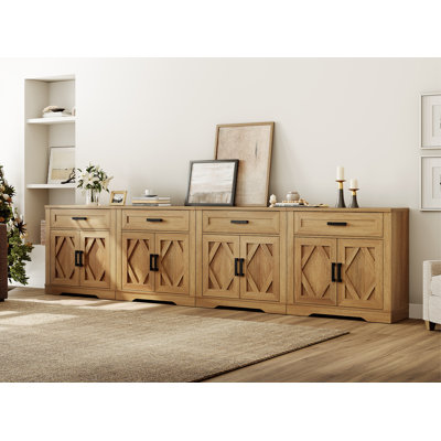 126"W Large Office Storage Cabinet, 4-In-1 Farmhouse Wood Storage File Cabinet With Storage Barn Door Unit, Office Console Table With File Drawers And Shelves For Office, Bedroom,Walnut