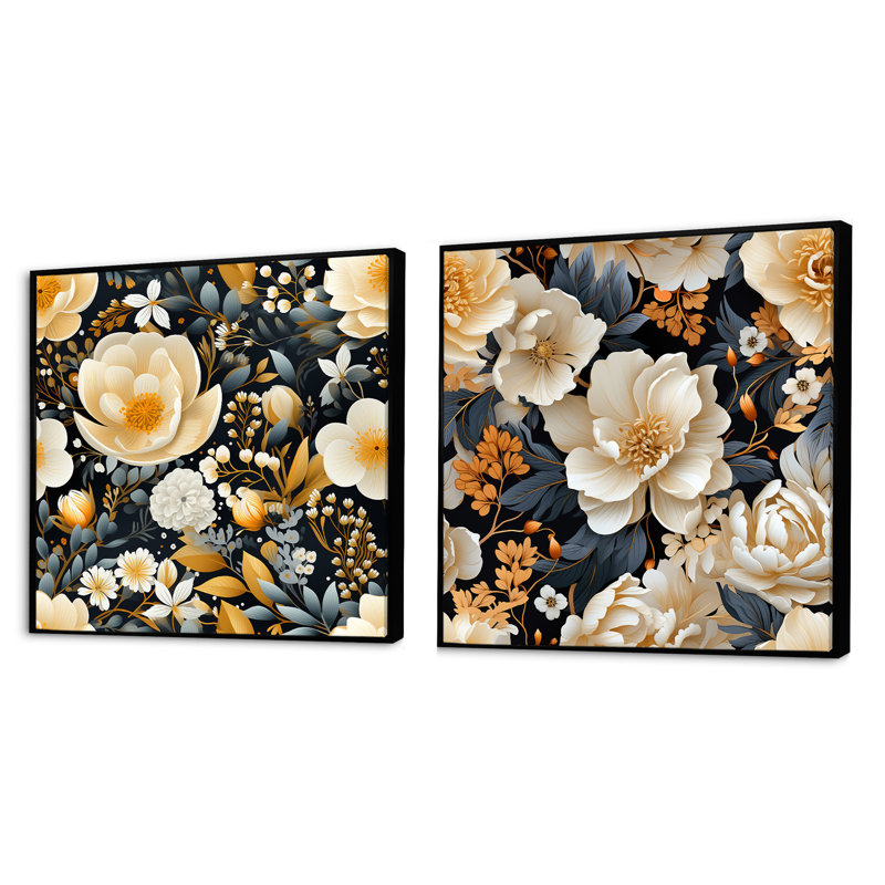 Magnifique Magnolia Blooms IV - ensemble de 2 collages floraux carrés, Cadre flottant noir, H 30 po x l 61 po