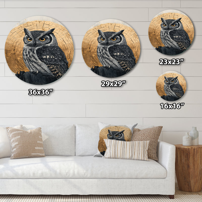Dalk Owl Into Golden Forest Landscape I - Décoration murale moderne en métal gris, H 36 po x l 36 po