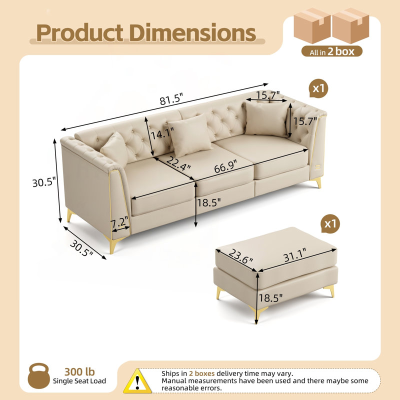Canapé modulaire Chesterfield avec similicuir capitonné à boutons et repose-pieds, 81.5" W, Beige + similicuir blanc
