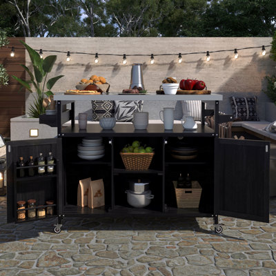 Kitchen Island Table, Outdoor, Rolling Bar Cart And Storage Cabinet, Farmhouse Solid Wooden Outdoor Grill Table With Stainless Steel Top, Spice Rack, Towel Rack
