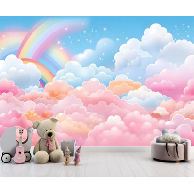 Kids Rainbow Cloud Sky Wall Mural – Pastel Pink Blue Dreamy Nursery Fantasy Panoramic Accent Wall Decor
