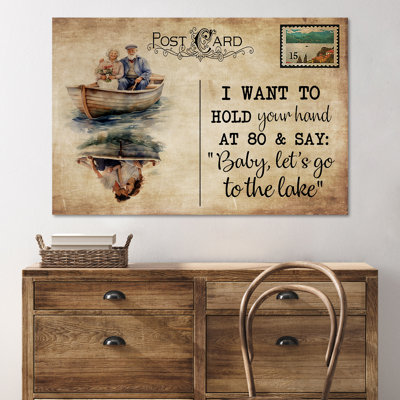 Old Couple With Lake On Postcard - Baby, Let's Go To The Lake - 1 Piece Rectangle Graphic Art Print On Wrapped Canvas