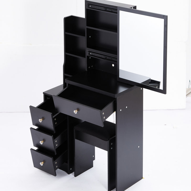 Meuble-lavabo noir avec tabouret rembourré et très grand miroir, Noir