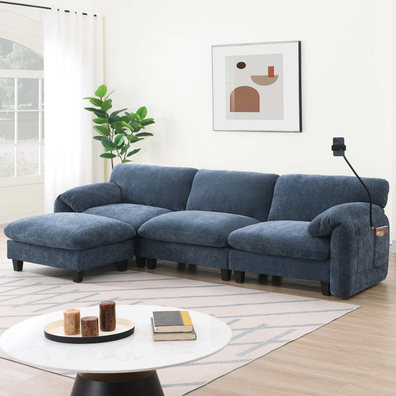 108" Modular Sectional Sofa, L-Shape with 31.5" Extra-Wide Seat Cushion, USB and Type-C Charger, Phone Holder and 2 Side Storage Pockets, Free Movement Ottoman, Striped Chenille