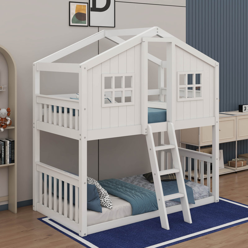 Twin Over Twin House Bunk Bed With Ladder, White